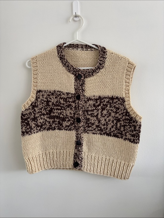 Tops - Vintage Chunky Two-Tone Cream & Brown Button-Up Knit Vest - wool